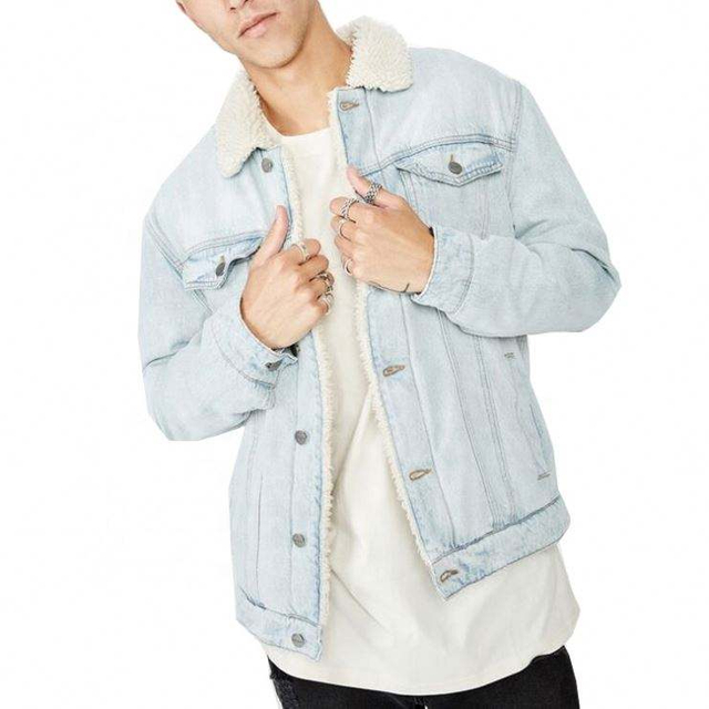 Blauw winterjeansjack met knoopsluiting, spijkerjasje met bontkraagjas