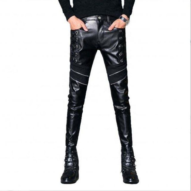 OEM-fabrikant op maat gemaakte kunstleer aangepaste broek Skinny patchwork herenbroek
