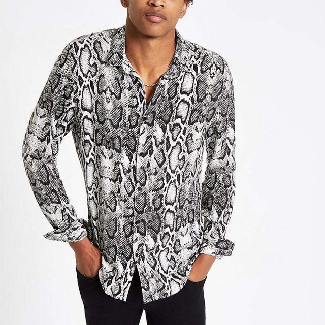 OEM Manufacturer Skjorter til M&aelig;nd Hawaiian Shirt Gr&aring; Snake Print lang&aelig;rmet skjorte