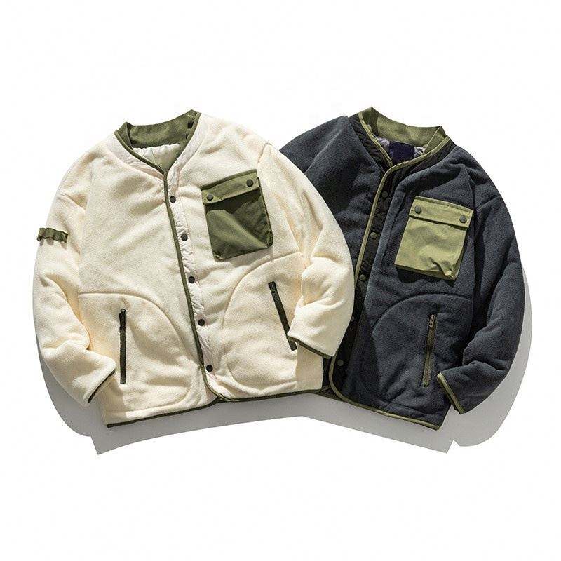 Fabricant OEM personnalis&eacute; multi-poches couleur unie ourlet c&ocirc;tel&eacute; col montant manteaux en coton veste