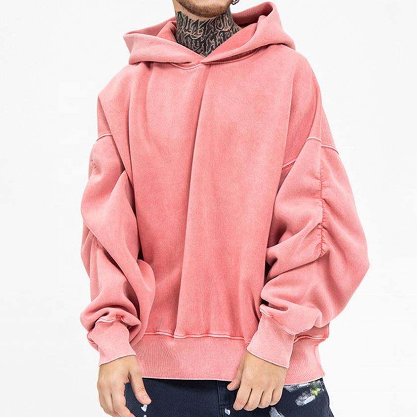 Jersey con capucha en blanco pesado con lavado &aacute;cido vintage de gran tama&ntilde;o personalizado del fabricante OEM con mangas ajustables