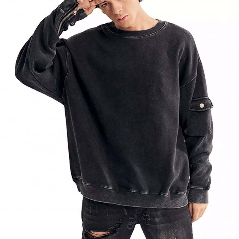 Sweat-shirt &agrave; manches de poche personnalis&eacute;es, fabricant OEM, haute qualit&eacute;, lourd, 100% coton, col rond, lavage, v&ecirc;tements Vintage pour hommes