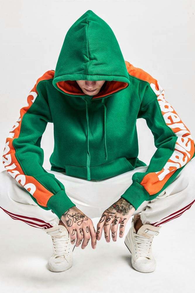 OEM Producent Engros H&oslash;jkvalitets brugerdefineret eget logo Gr&oslash;n Orange Stribet Pullover h&aelig;ttetr&oslash;je med blandet farveblokerende h&aelig;ttetr&oslash;je