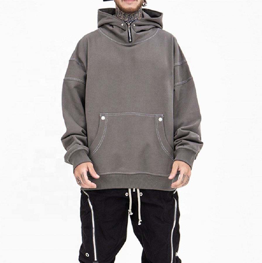 OEM-producent Custom Vintage Wash Bomuldsh&aelig;tte med lynl&aring;s Oversized almindelig h&aelig;ttetr&oslash;je med kontrasts&oslash;m til m&aelig;nd