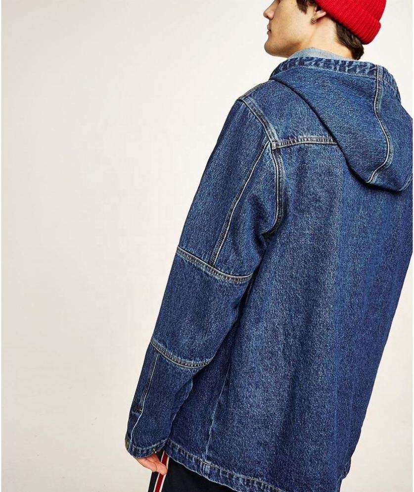 OEM-produsent tilpasset 100 % bomull for menn Halv glidel&aring;s Oversized Patchwork Denim Pullover hettegenser