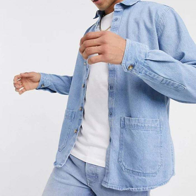 OEM-fabrikant Groothandel Herenkleding Shirts Denim overhemd met lange mouwen, Gewassen blauw herenovershirt met knopen