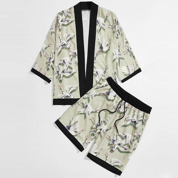Set Seluar Pendek Fesyen Musim Panas Mens Kren Cetakan Kontras Mengikat Kimono Set Seluar Pendek Lelaki Set Seluar Pendek Dua Keping