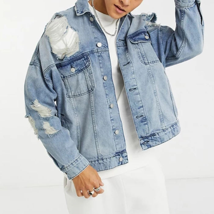 &Aacute;o kho&aacute;c jean nam t&ugrave;y chỉnh Denim được giặt đau khổ &Aacute;o kho&aacute;c denim nam qu&aacute; khổ
