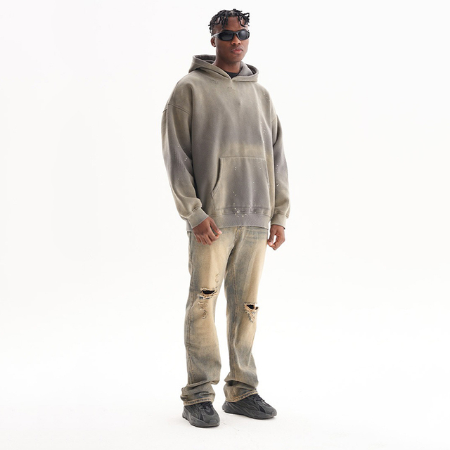 360 GSM Vintage ácido Lavado de peso pesado angustiado Pantalones de chándal con el logotipo personalizado y sudadera con capucha