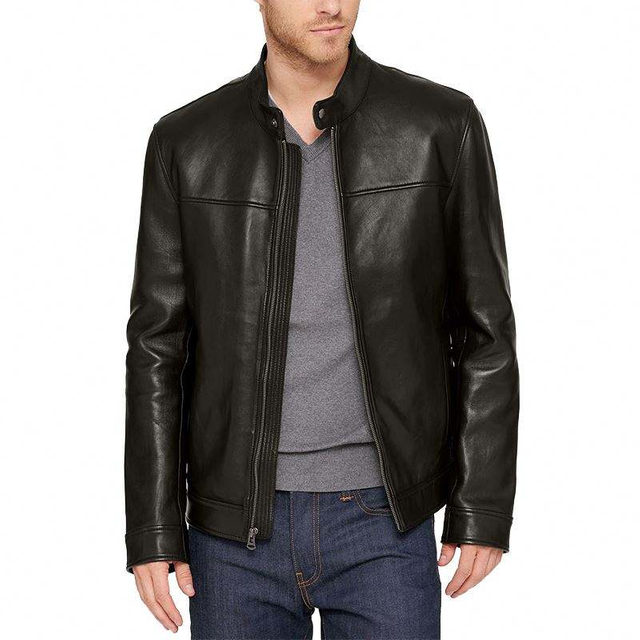 ຜູ້ຜະລິດ Oem Custom ຄຸນະພາບສູງ Bomber Long Sleeve Stand Collar Warmth Zipper Black Leather Jacket