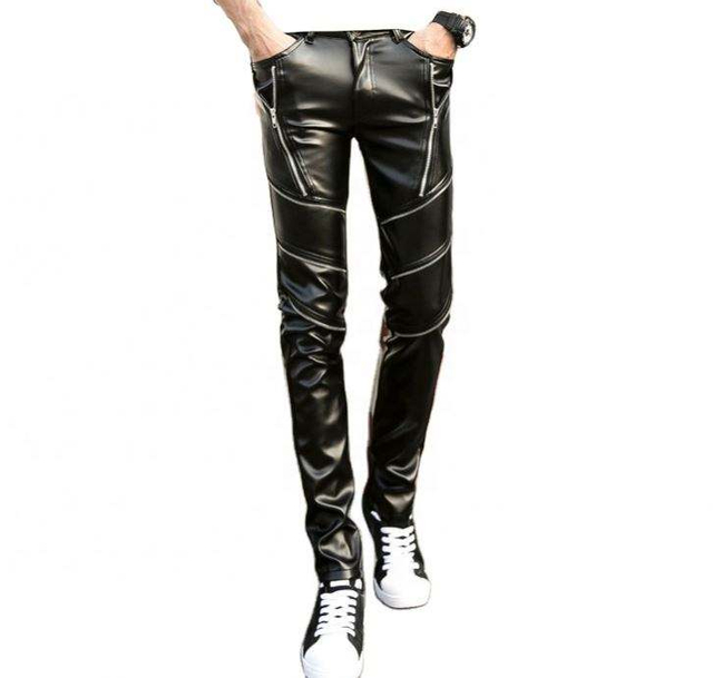 OEM-fabrikant op maat gemaakte kunstleer rits aangepaste broek skinny patchwork herenbroek