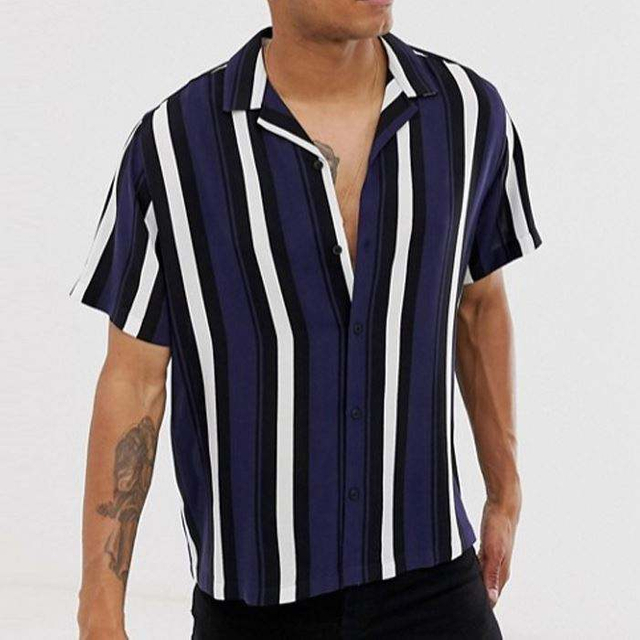 Pengeluar OEM Berkualiti Tinggi Tentera Laut Dan Putih Berjalur Menegak Baju Lengan Pendek O-Leher Baju Polo Untuk Lelaki