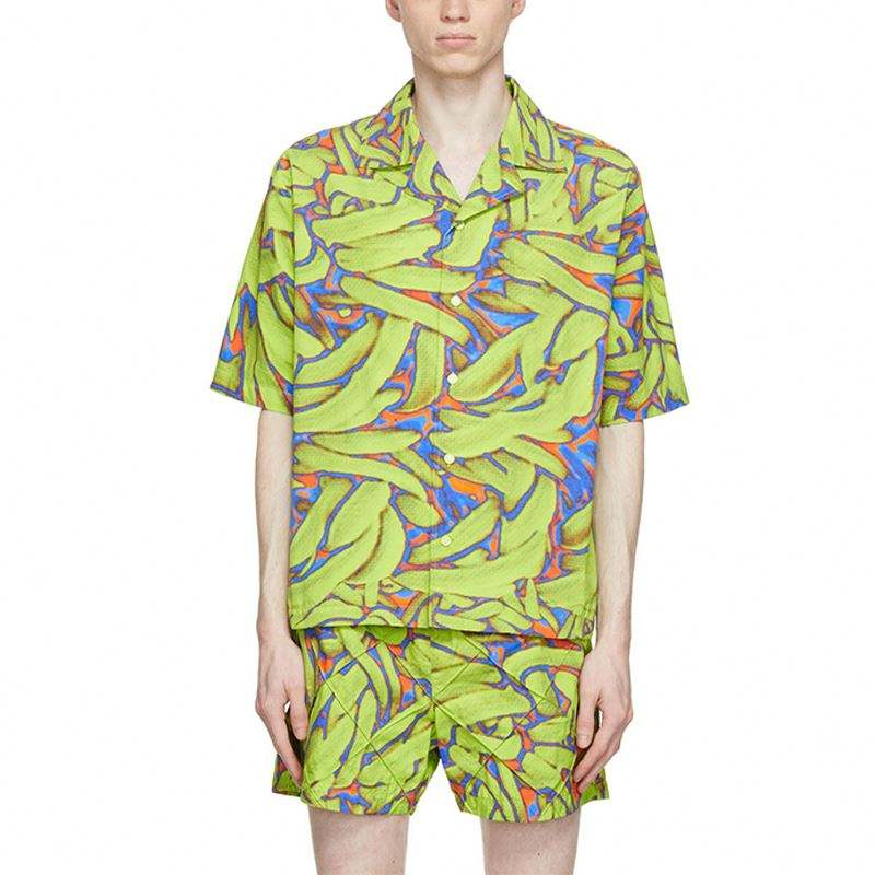 OEM Manufacturer Aestiva Brevis Sleeve Square Collar Graphic Typis Green Nylon Taffeta Fashion Shirt For Men