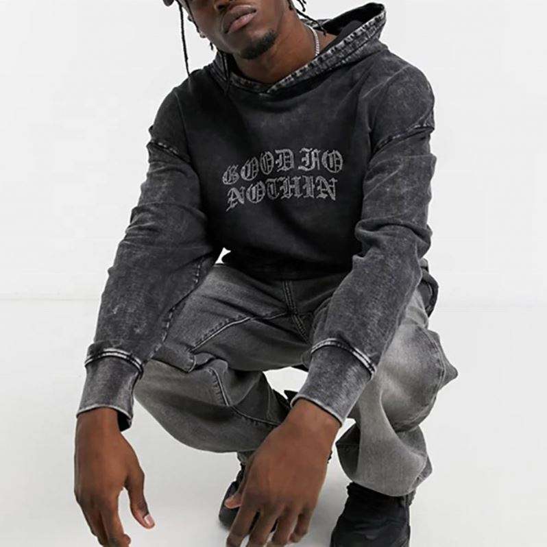 OEM ထုတ်လုပ်သူ ဖက်ရှင် ဟဲဗီးဝိတ် စိတ်ဆင်းရဲ ညှိုးမှိန်သော Pullover စိတ်ကြိုက် ကျောက်တုံး အက်ဆစ်ဆေးပြီး ခေတ်ဟောင်း Rhinestone စိတ်ကြိုက် hoodie