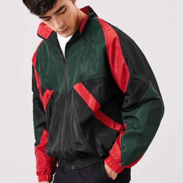 OEM-Hersteller mit individuellem Logo, Patchwork-Windjacke mit langen &Auml;rmeln und elastischen B&uuml;ndchen und Rei&szlig;verschluss