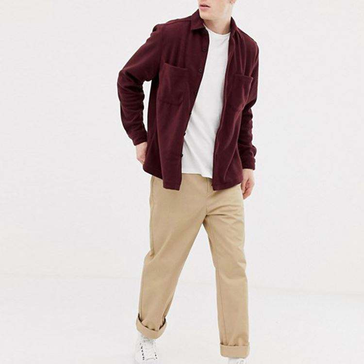 OEM-fabrikant herenoverhemden borstzak geborduurd logo fleece overshirt in bordeaux