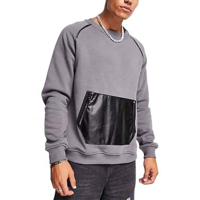 OEM-Hersteller kundenspezifischer neuer Mode-M&auml;nner-Kontrast-Pu-Leder-Taschen-&uuml;bergro&szlig;er Fleece-Baumwoll-Sweatshirt-Pullover
