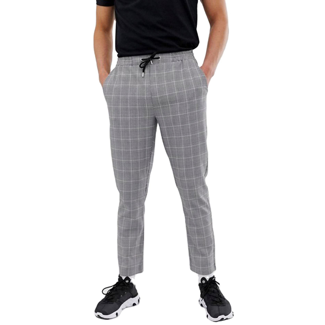 အမျိုးသားဖက်ရှင် Woven Grey Plaid Check Cropped Trousers Pants
