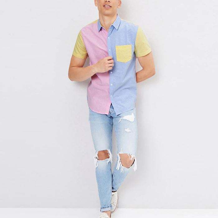 Pengilang OEM Rekaan Baju Terkini Pakaian Lelaki Muatan Klasik Button Up Colorblock Baju Kapas Untuk Lelaki