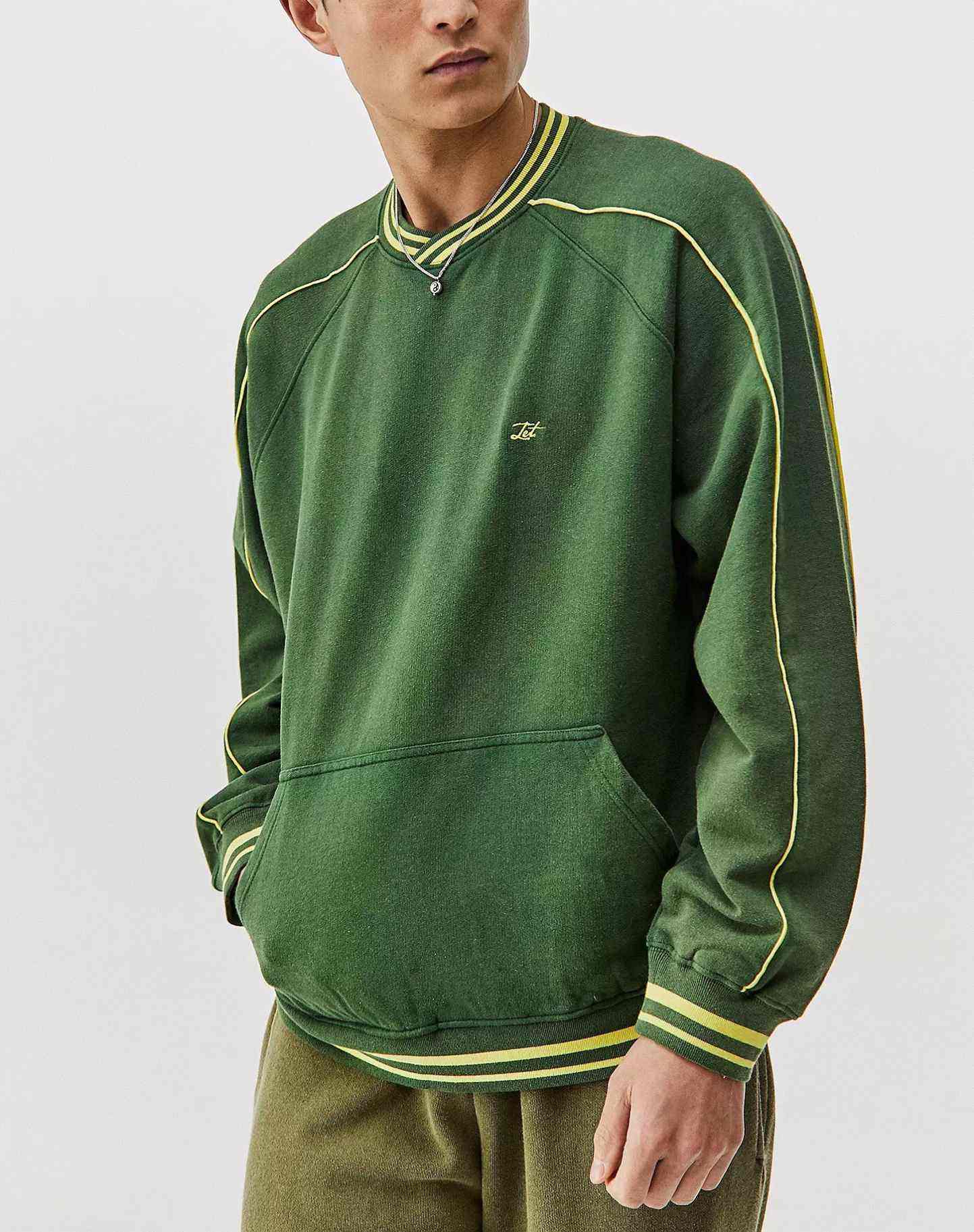 OEM-Hersteller, &uuml;bergro&szlig;es Baumwoll-Fleece-Herren-Pullover, gestreiftes, geripptes Sweatshirt mit Rundhalsausschnitt und gr&uuml;ner Spitze