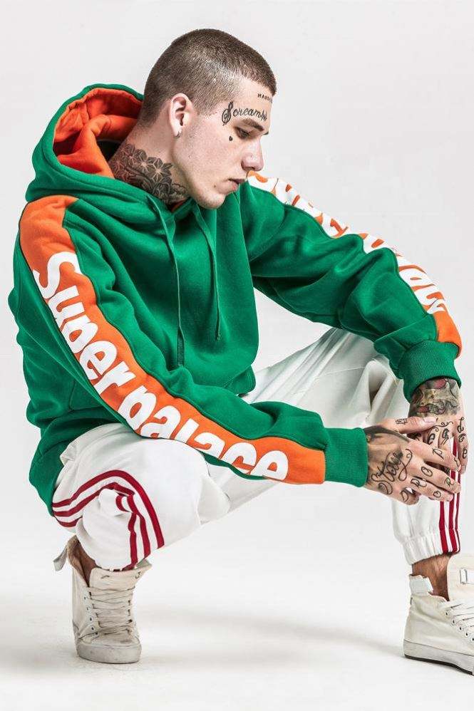 OEM Producent Engros H&oslash;jkvalitets brugerdefineret eget logo Gr&oslash;n Orange Stribet Pullover h&aelig;ttetr&oslash;je med blandet farveblokerende h&aelig;ttetr&oslash;je
