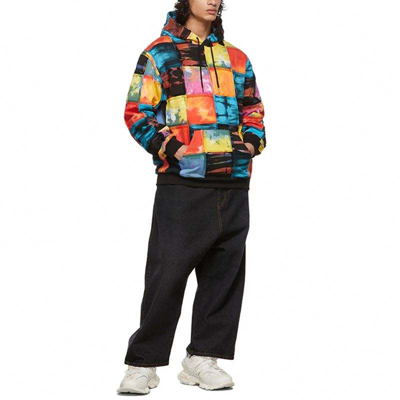 Cappotti da uomo personalizzati del produttore OEM in tessuto spugna con coulisse con cappuccio e design patchwork multicolore Felpe con cappuccio a maniche lunghe