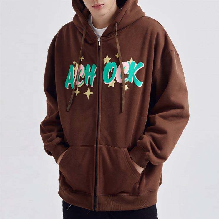 Produttore OEM Commercio all'ingrosso di alta qualit&agrave; Zip Up Uomo Moda Puff Stampa Felpe con cappuccio Logo personalizzato stampato Felpe con cappuccio sfuse con coulisse