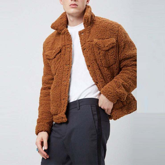 Custom Logo Design Hot Rea Herr h&ouml;gkvalitativt dekorerad med tryckknappar Khaki Faux Shearling Jacka