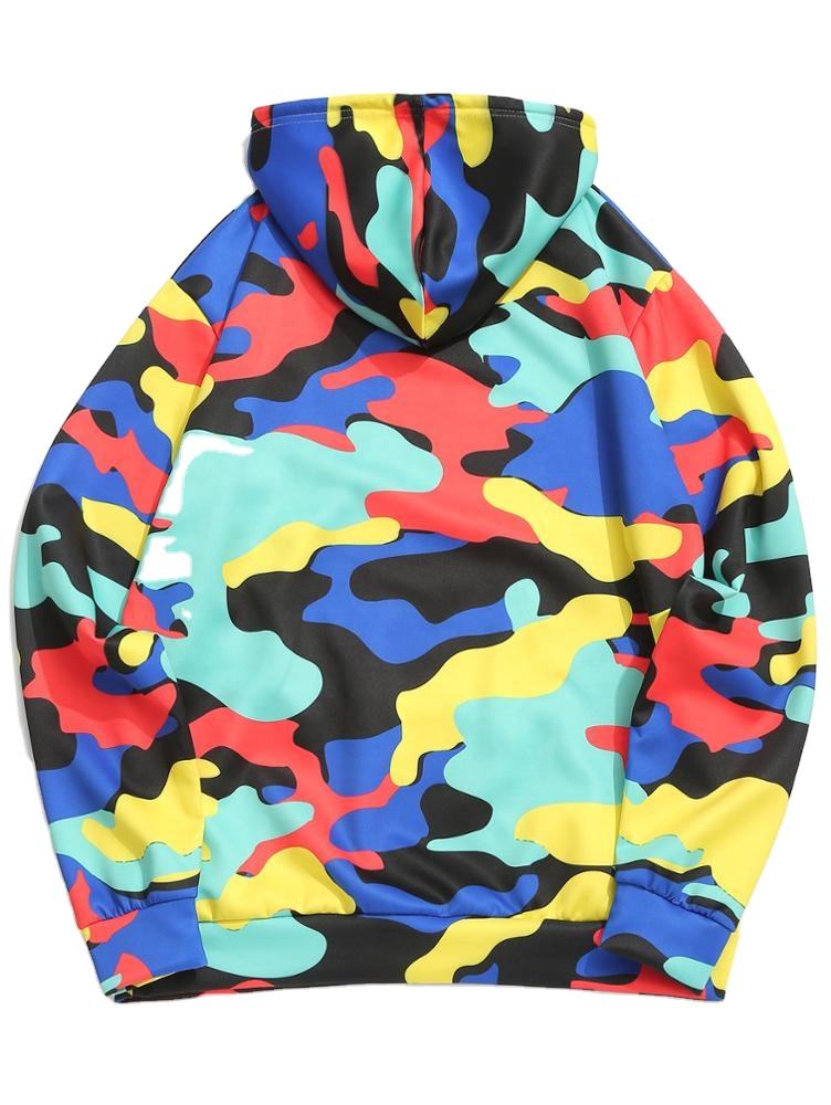 Moletons com capuz masculinos casuais com estampa camuflada colorida personalizada com bolso canguru