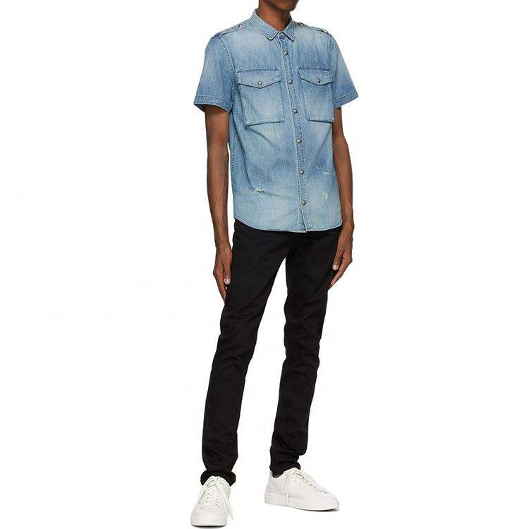 Camisa de Jean de los hombres del dril de algod&oacute;n apenado azul de la manga corta del servicio del fabricante del OEM