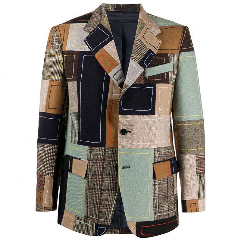 OEM-tillverkare Custom Fashion L&aring;ng&auml;rmad Enkelkn&auml;ppt Patchwork Grafisk Design Patch Broderad Blazer Jacka