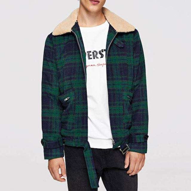 Nouveau produit hommes poche avant taille ceintur&eacute;e vert Plaid manteau d'hiver
