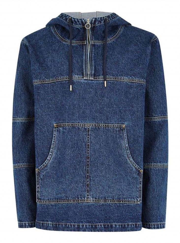 OEM-produsent tilpasset 100 % bomull for menn Halv glidel&aring;s Oversized Patchwork Denim Pullover hettegenser