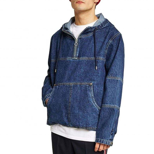 ຜູ້ຜະລິດ OEM Custom 100% Cotton Mens Half Zip Oversized Patchwork Denim Pullover Hoodie