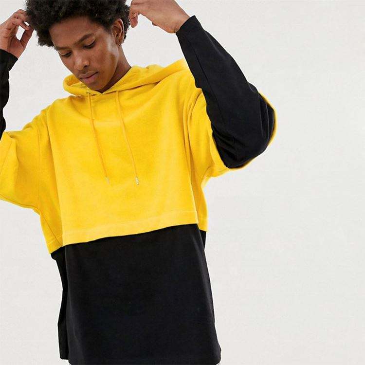 Sweat &agrave; capuche en coton pour hommes, fabricant OEM personnalis&eacute; de haute qualit&eacute;, bloc de couleur, moiti&eacute; jaune, moiti&eacute; noir, pull &agrave; capuche
