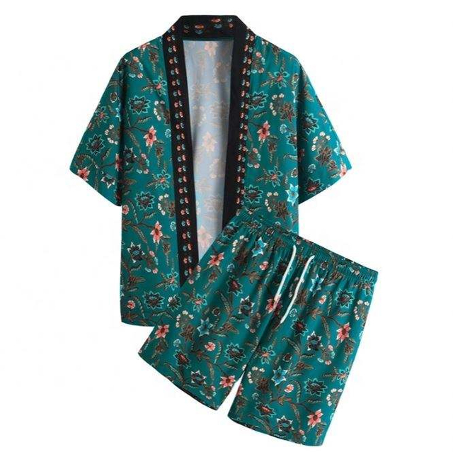 OEM メーカーカスタマイズされた薄い男性服セットビーチ印刷カーディガンシャツとショーツカジュアルメンズショートセット