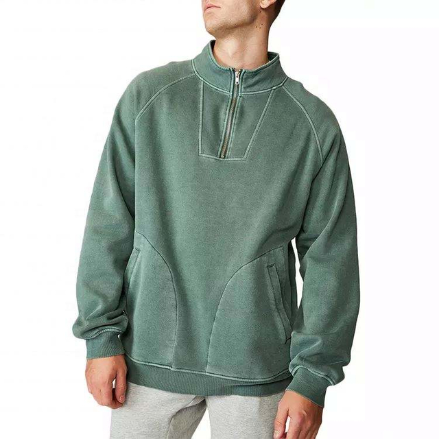 Fabricante OEM de alta qualidade masculino moletom com z&iacute;per de quarto masculino pul&ocirc;ver verde moletom de l&atilde; com gola redonda