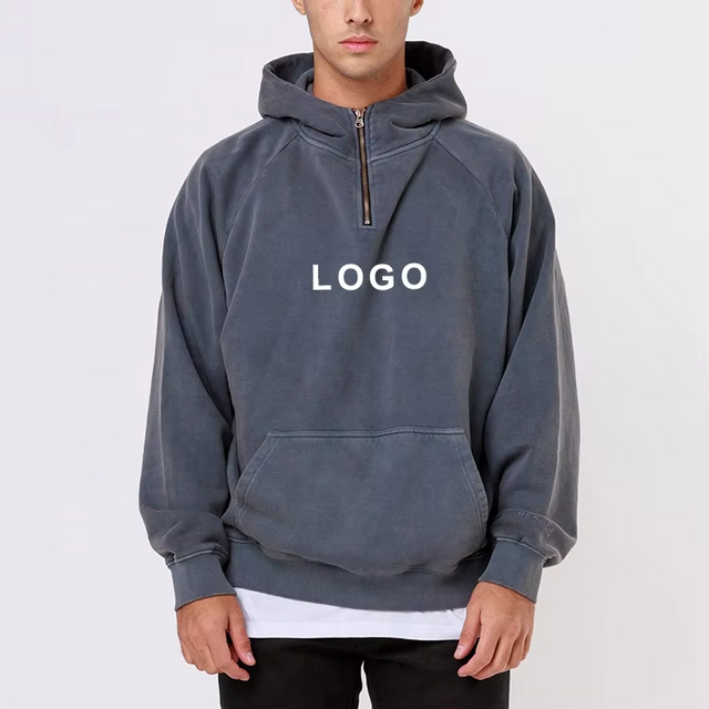M&aelig;nd tilpasset gr&aring; blank 100 % bomuld Heavyweight Pullover H&aelig;ttetr&oslash;je Quarter Zip up Pullover Oversized h&aelig;ttetr&oslash;je