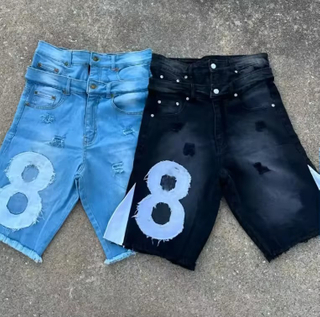Персонализирани мъжки дънкови къси панталони с дънкови панталони Vintage Acid Wash с двойна талия, широки къси панталони, бродирани изпъкнали разкъсани къси панталони