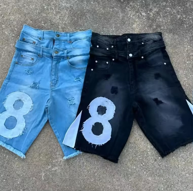 Aangepaste heren denim jeans shorts Vintage zure was dubbele taille Baggy Jorts geborduurde uitlopende noodlijdende gescheurde shorts