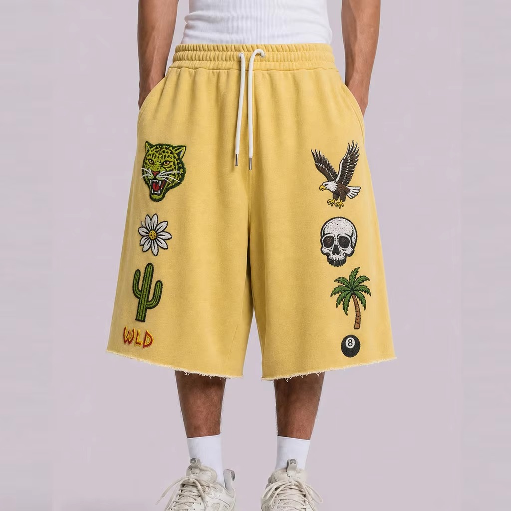 Cal&ccedil;a de moletom folgada com bordado 3d, estampa personalizada, masculina, design personalizado, bainha crua, cord&atilde;o de algod&atilde;o 3/4