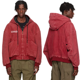 Op maat geborduurd logo Oversized Vintage Acid Wash Loose Box Fit Cropped Zip-up Hoodie Zwaargewicht katoenen canvas jas