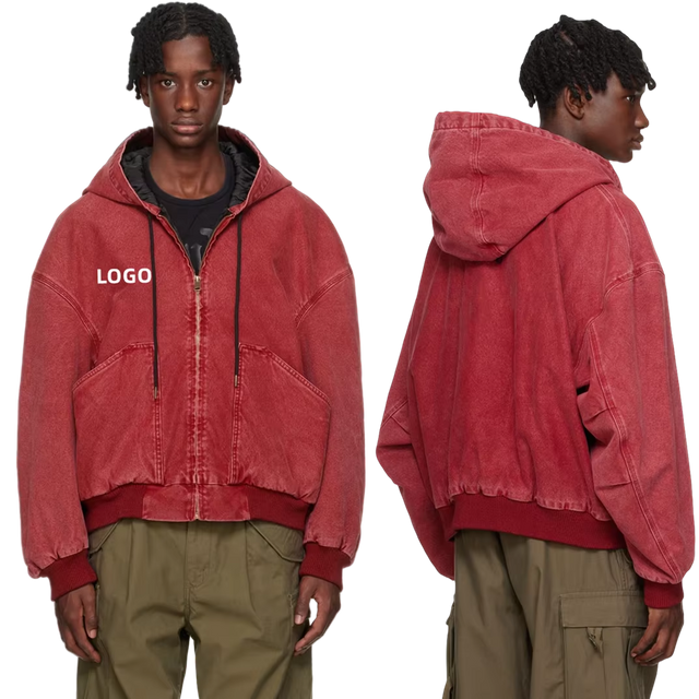 Logotipo bordado personalizado, sudadera con capucha recortada con cremallera y lavado &aacute;cido vintage de gran tama&ntilde;o, chaqueta de lona de algod&oacute;n pesada