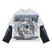 Custom Oversized Streetwear Distressed Full Print Grafika Flame Sleeves Dvouvrstv&eacute; tričko s dlouh&yacute;m ruk&aacute;vem