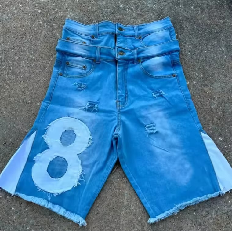 Prilagođene muške traper traper kratke hlače Vintage Acid Wash široke kratke hlače s dvostrukim strukom Izvezene lepršave poderane kratke hlače