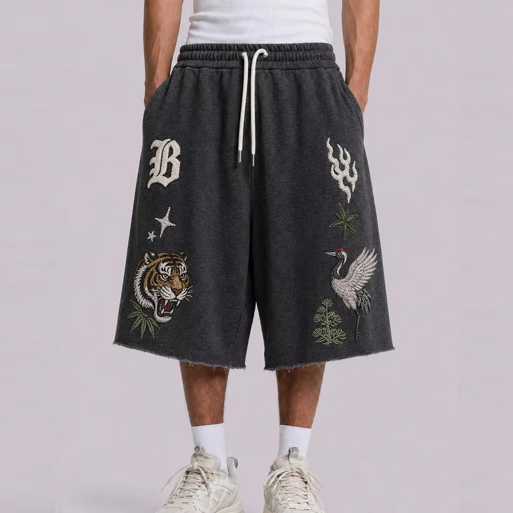 Cal&ccedil;a de moletom folgada com bordado 3d, estampa personalizada, masculina, design personalizado, bainha crua, cord&atilde;o de algod&atilde;o 3/4