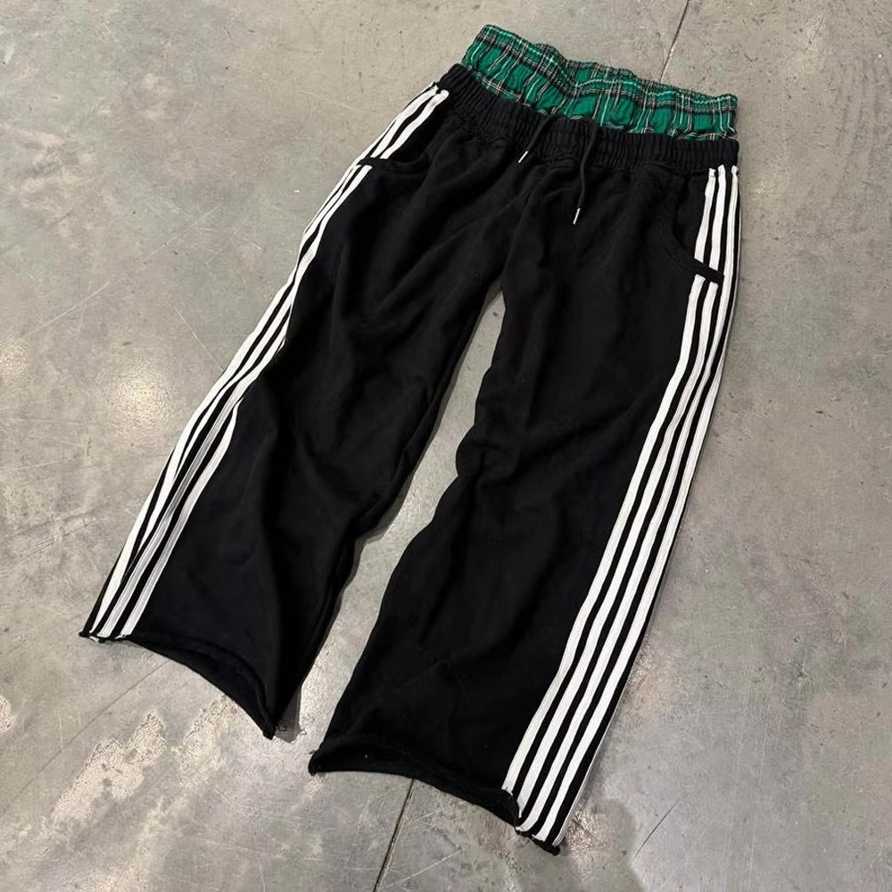 P&aacute;nsk&eacute; lež&eacute;rn&iacute; tepl&aacute;ky na zak&aacute;zku French Terry Stripe Flare Baggy tepl&aacute;ky s dvojit&yacute;m pasem Vysok&eacute; hip-hopov&eacute; vyš&iacute;van&eacute; voln&eacute; kalhoty