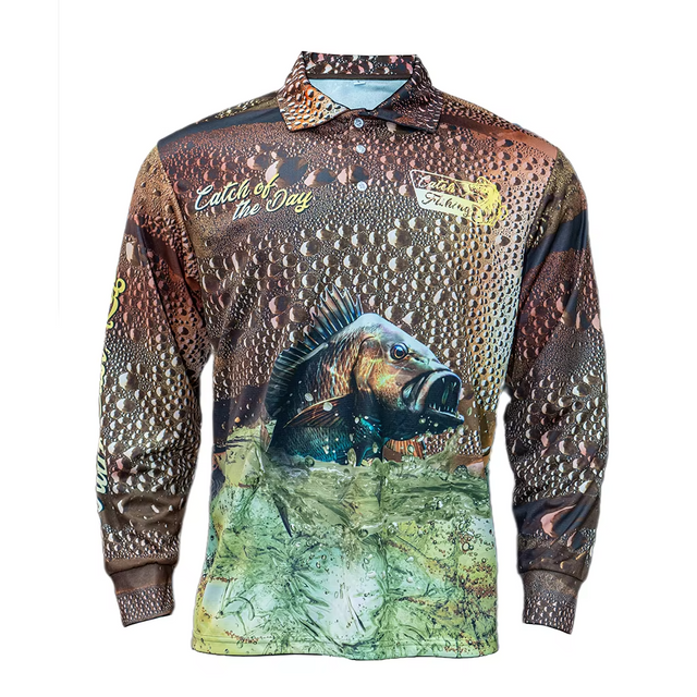 Benutzerdefiniertes UPF 35 Sublimationsgrafik-Angelhemd mit Kn&ouml;pfen, leistungsstarker UV-Schutz, schnell trocknendes, lang&auml;rmliges Angelbekleidungs-T-Shirt