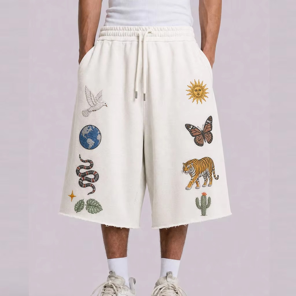 Cal&ccedil;a de moletom folgada com bordado 3d, estampa personalizada, masculina, design personalizado, bainha crua, cord&atilde;o de algod&atilde;o 3/4