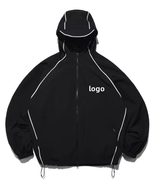 Chaqueta para correr con ribetes reflectantes y logotipo personalizado, chaqueta con capucha impermeable para hombre, cazadora de nailon, chaqueta con cremallera para hombre